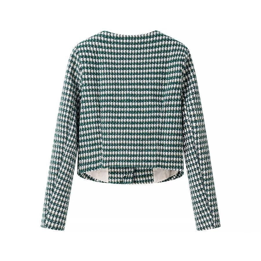 Dam skräddad Boucle kort blazer med Houndstooth mönster och dekorativ knappar