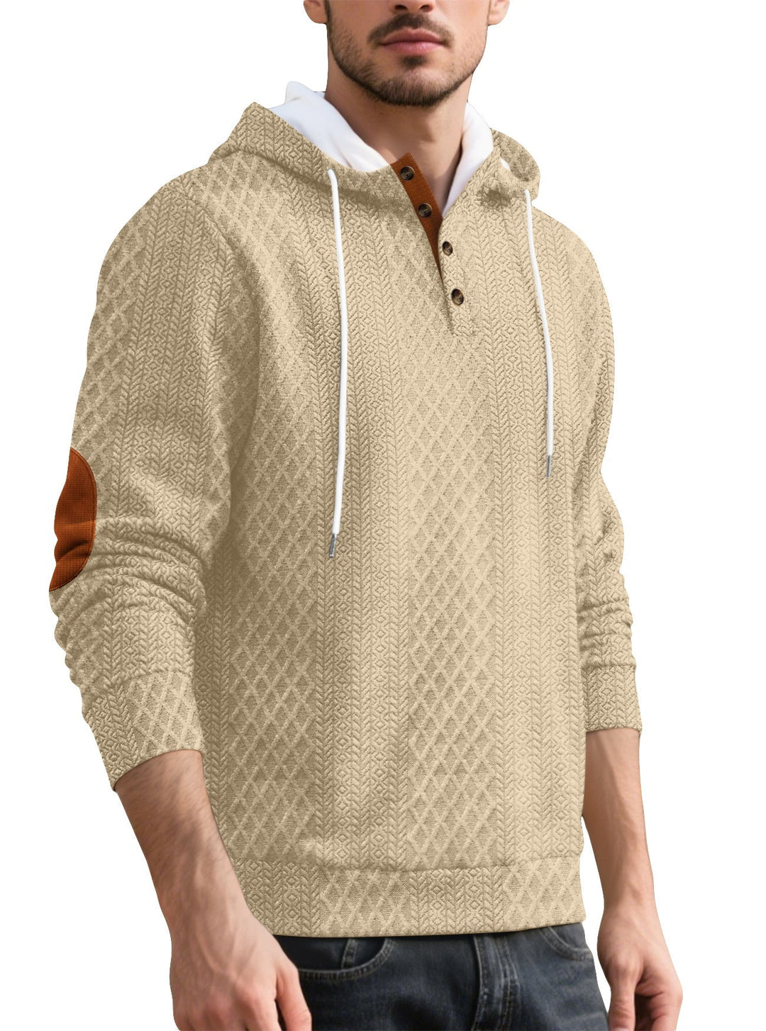 Herr Nan Diamond Structure Luvtröja med Kort Knapplist, Quiltad Huva Inner Edge, och Mocka Elbow Lapp