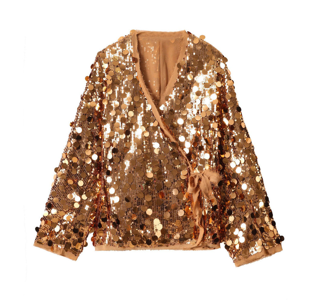 Dam 1900+ Wrap Blouson Jacka med Stora Sequins och Satin Ribbon