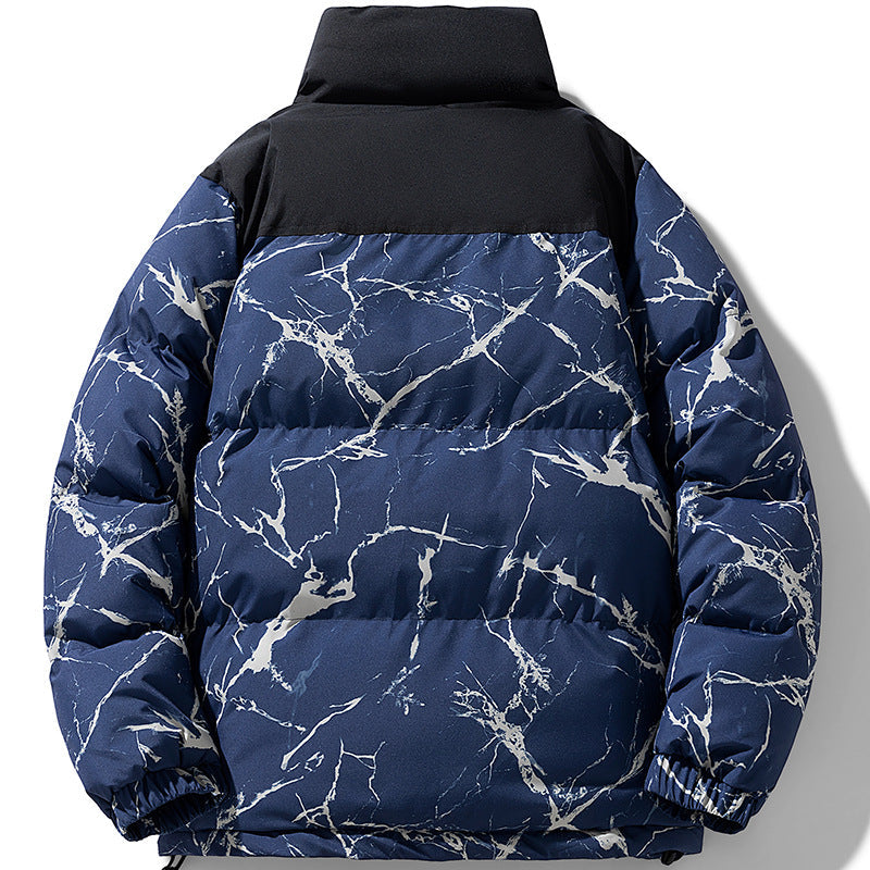 Herr vadderad quiltad jacka med marble tryck, hög ståkrage och vindtät exterior