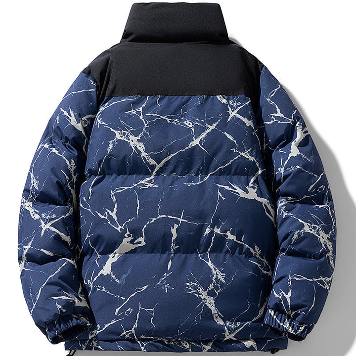 Herr vadderad quiltad jacka med marble tryck, hög ståkrage och vindtät exterior