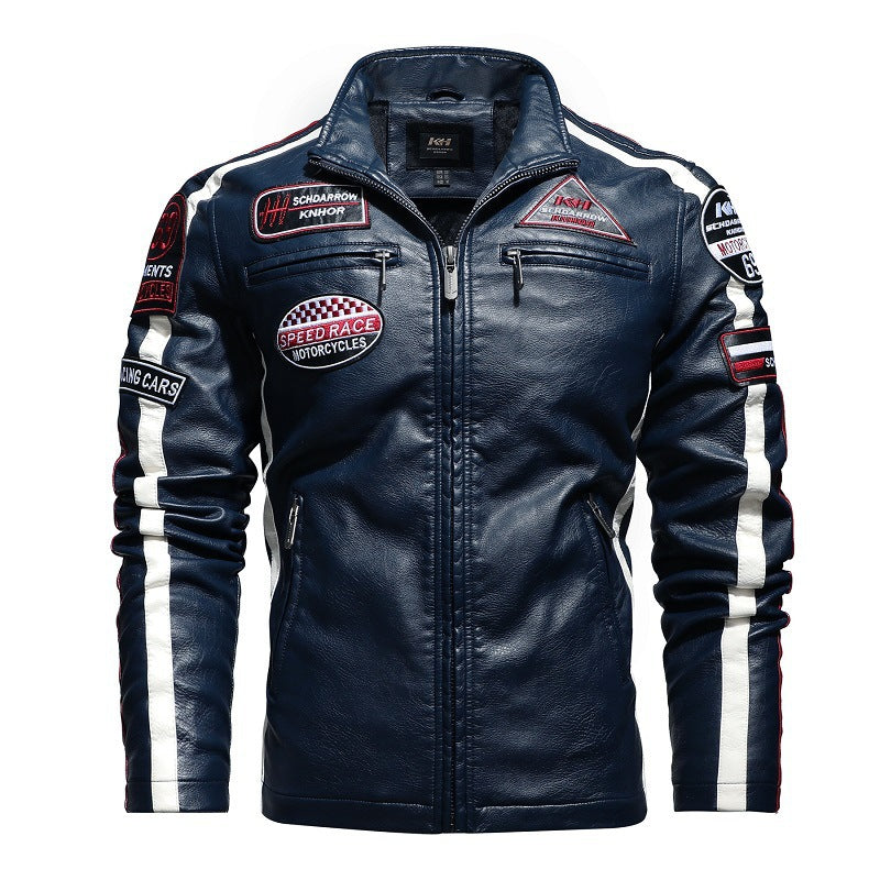 Herr Racing-Style Konstläder Jacka med Patches, Kontrast Ränder och Stående Krage