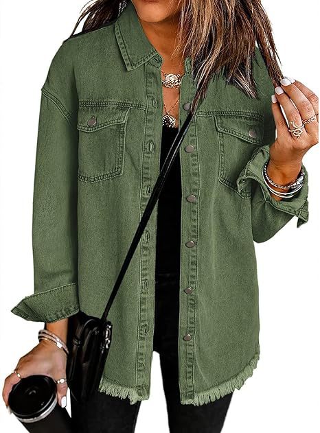 Dam oversize denim skjortjacka med Fringes och bröstfickor