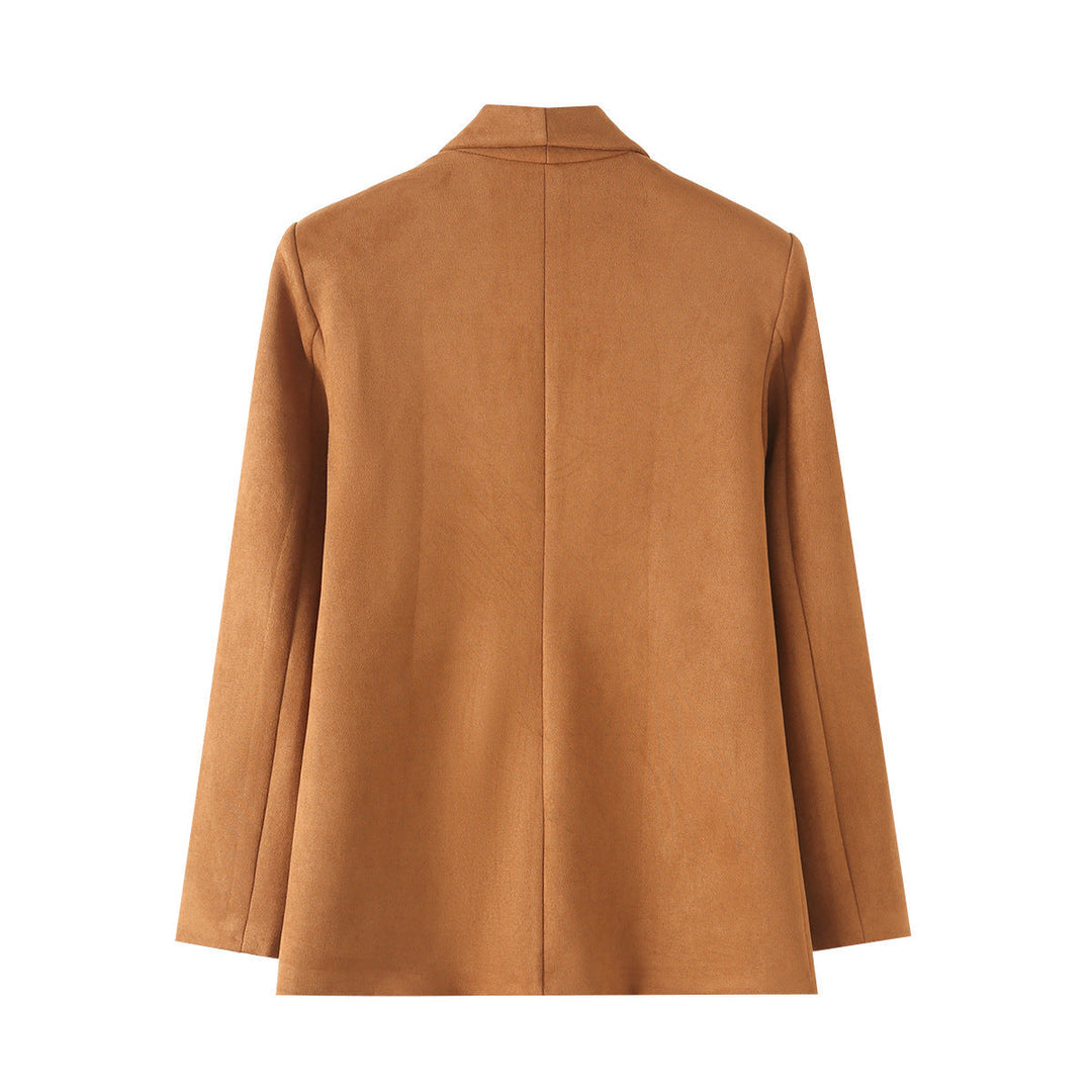 Dam lång skärning blazer i mocka imitation med mjuk sjalkrage och piped welt fickor