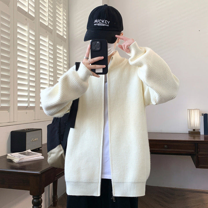 Herr Oversized Knit Zip Jacka med Hög Stående Krage och Fin Rib Structure