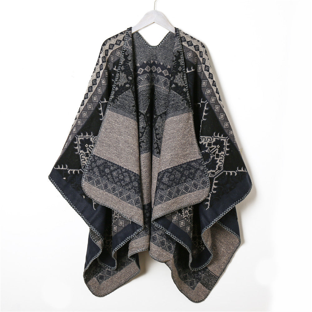 Dam ullblandning jacquard capeponcho i ethnic look med decorative stitch