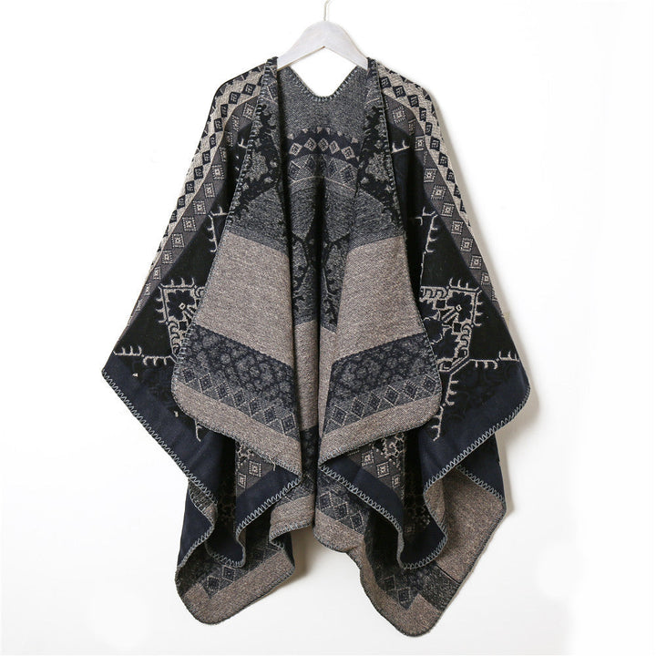 Dam ullblandning jacquard capeponcho i ethnic look med decorative stitch