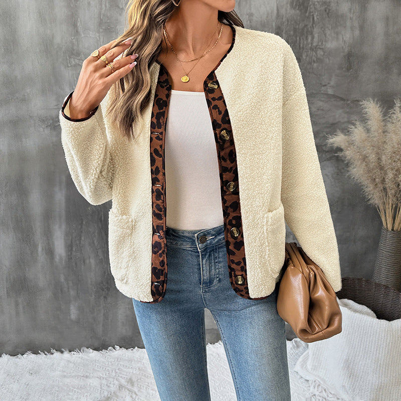 Dam Mysig Teddy Blazer med Leopard Tryck