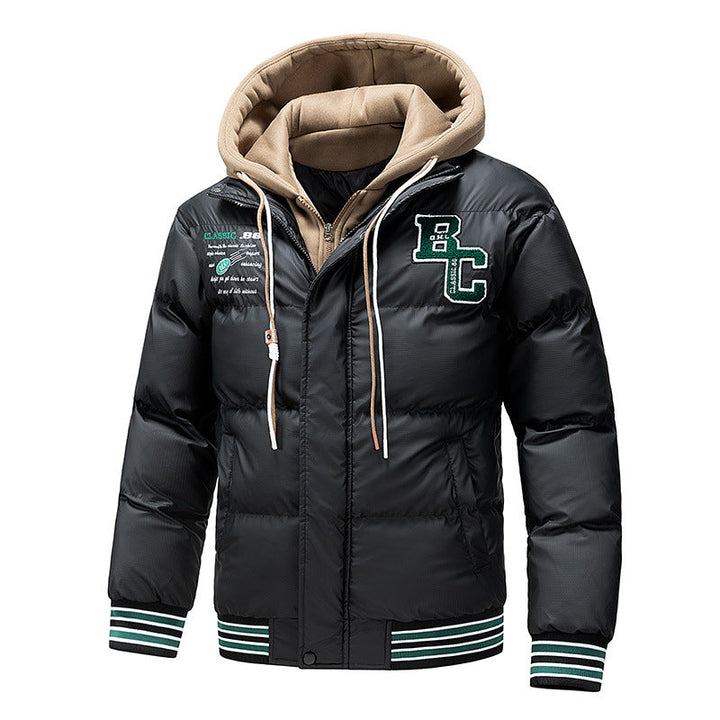 Herr Vadderad Quiltad Jacka med Hoodie Insert och College Patches