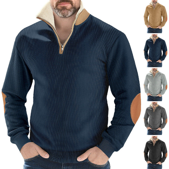 Herr Strukturerad Stickad Halv Dragkedja Pullover med Värmande Sherpa Krage och Velour Elbow Lappar