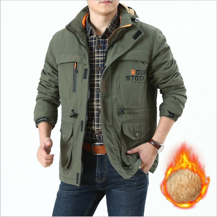 Herr Insulated Fält Parka i Utility Stil med Teddy Fleece Inre Krage, Huva, och Multi-Pockets