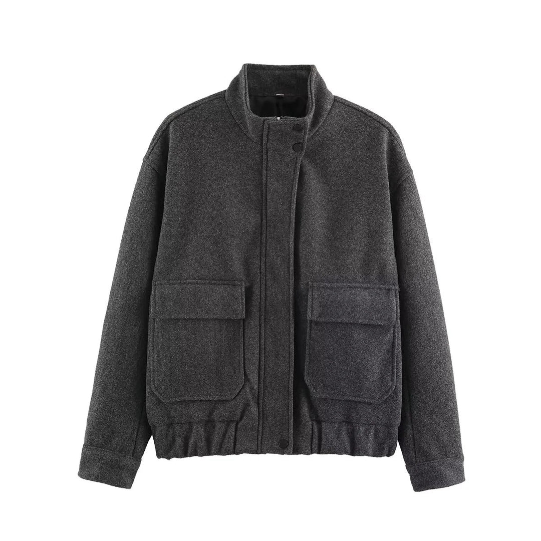 Dam kort-skärning boxy ull blouson med ståkrage, elastic waistband, och stor patch flap fickor