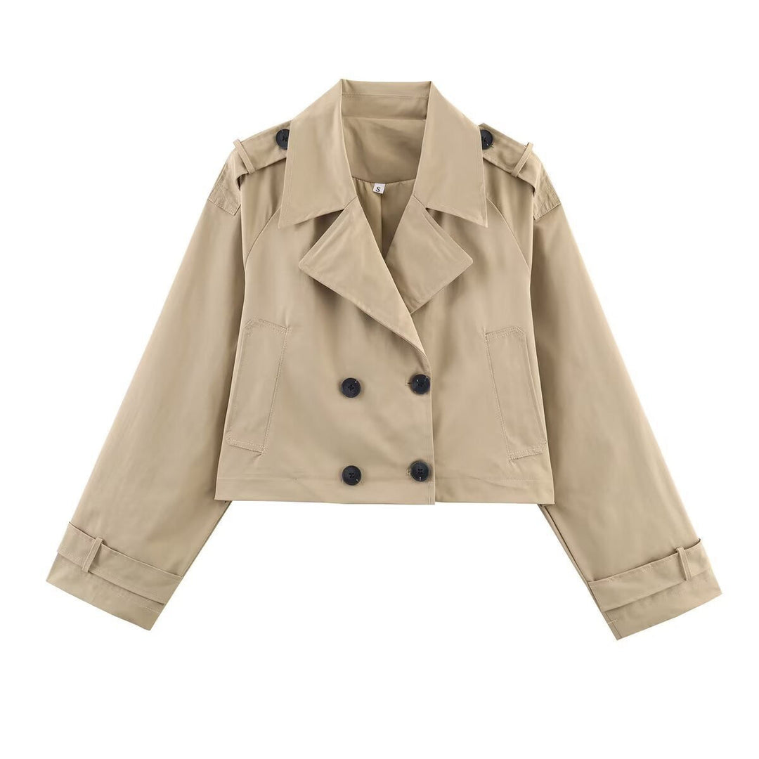 Dam kort Double-Breasted trenchcoat med vid Lapels, Epaulettes och boxig skärning