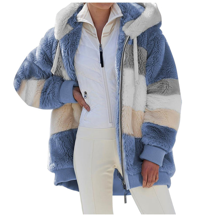Dam oversized vadderad faux pälsjacka med huva, block stripes och ribbstickade muddar