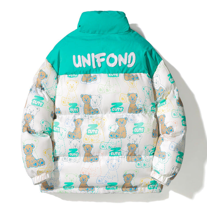 Unisex kviltad teddy-tryck pufferjacka med hög krage