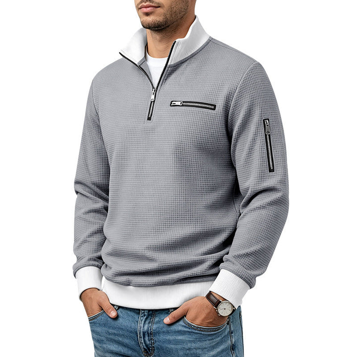 Herr Waffle-Stickad Turtleneck med Contrast Krage, Zippered Bröstficka och Ärmficka