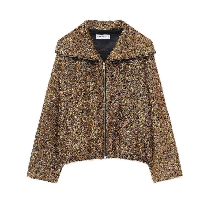 Dam Glittering Boucle Dragkedja Jacka med Bred Krage och Kort Boxig Skärning