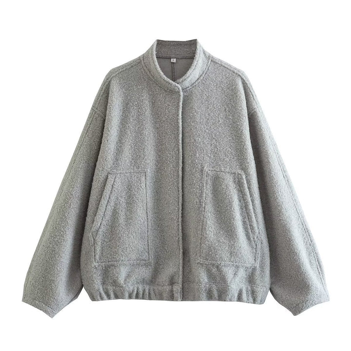 Dam 70+ Oversize Teddy-Fleecejacka med Stå Krage och Patch Fickor
