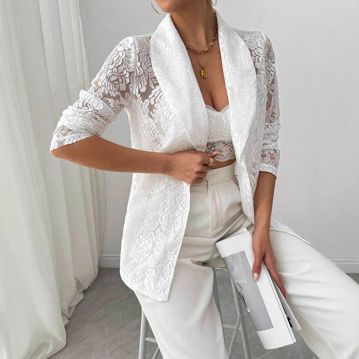 Dam spets blazer med sjalkrage och floral transparens