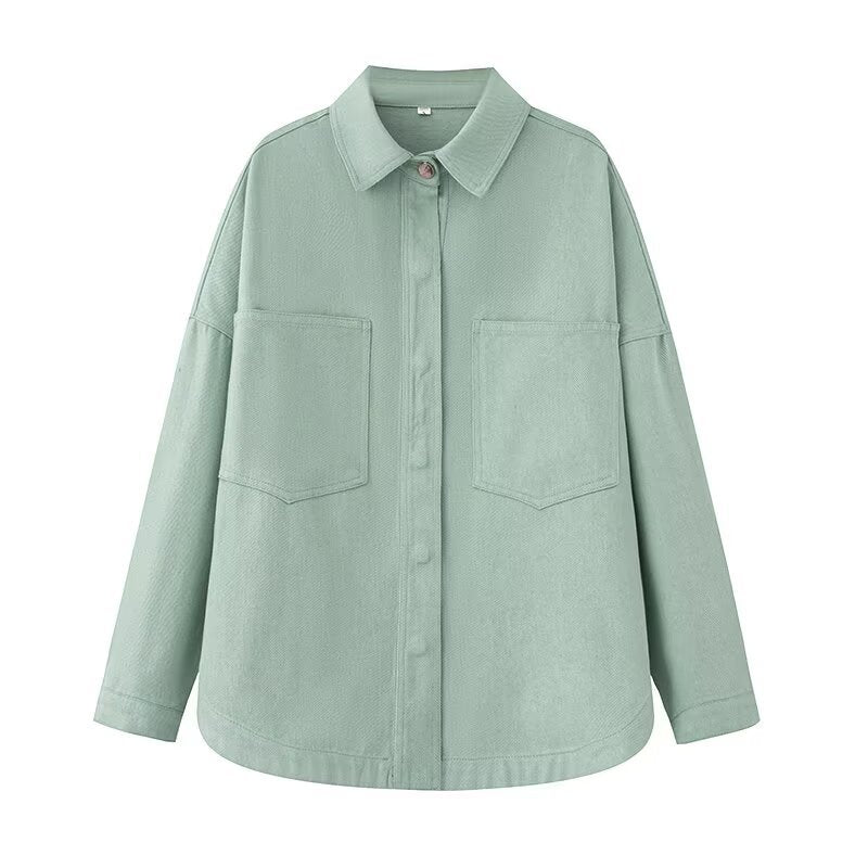 Dam Oversized Jeans Skjorta Jacka i Boxig Skärning med Lapp Bröst Fickor och Rounded Fåll