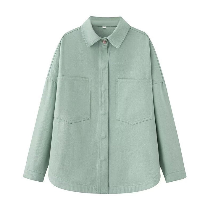 Dam Oversized Jeans Skjorta Jacka i Boxig Skärning med Lapp Bröst Fickor och Rounded Fåll