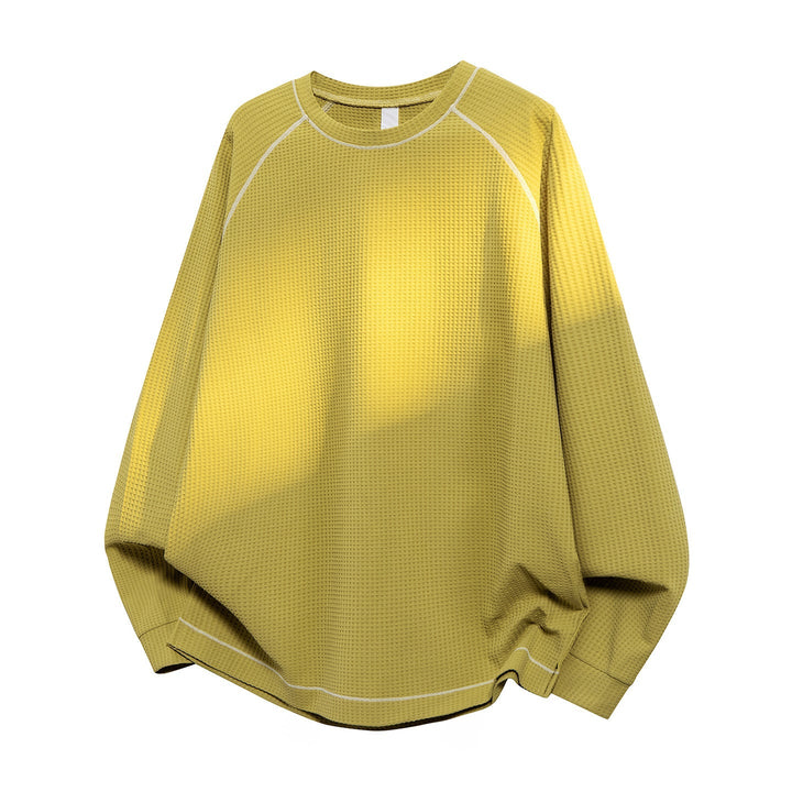 Herr Oversized Waffle Stickad College-Tröja med Round Neck, Raglanärmar och Contrast Sömmar