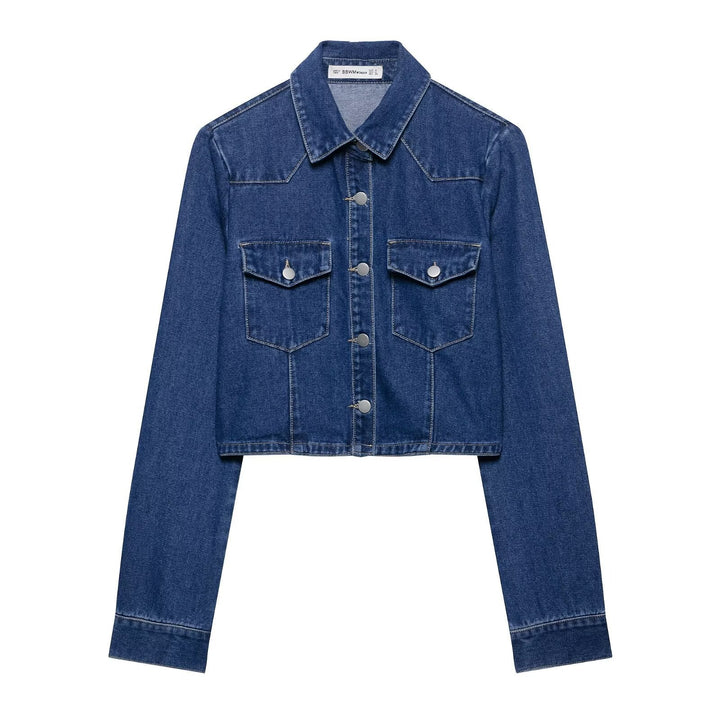 Dam Kort Skärning Denim Jacka med Bröst Fickor och Tryckknapp Slå