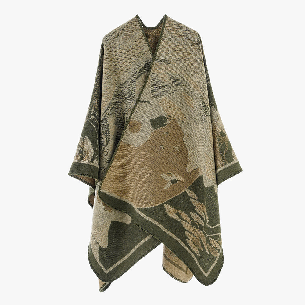 Dam jacquard cape med graphic floral motif och boxy oversized skärning