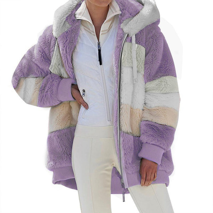 Dam mysig oversized faux pälsjacka med huva, block stripes och ribbstickade muddar