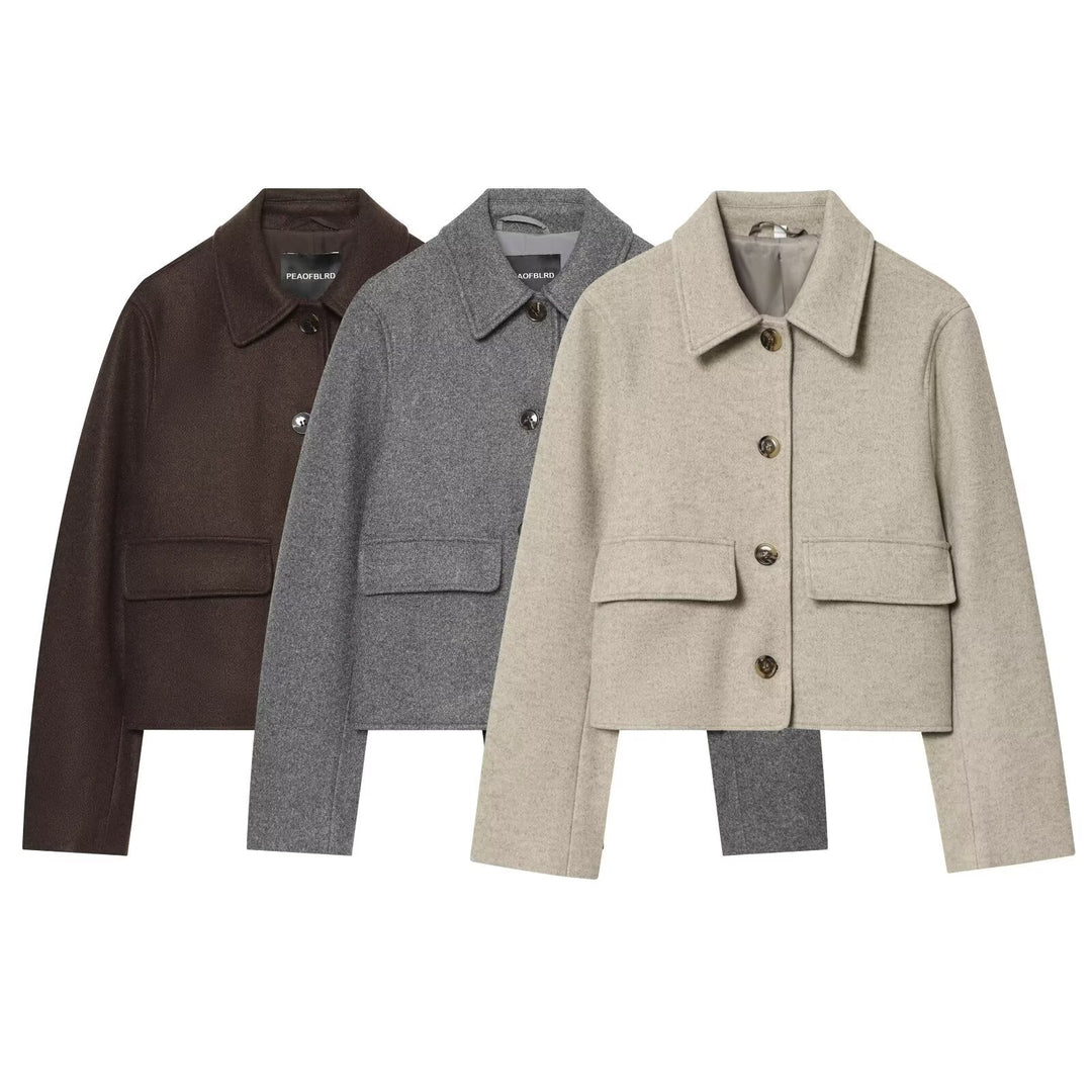Dam Kort Boxig Ull Blouson med Skjort Krage och Lock Fickor