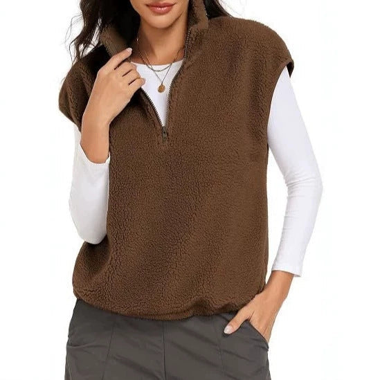 Dam Sleeveless Teddy Fleece Väst med Halv Dragkedja och Ståkrage