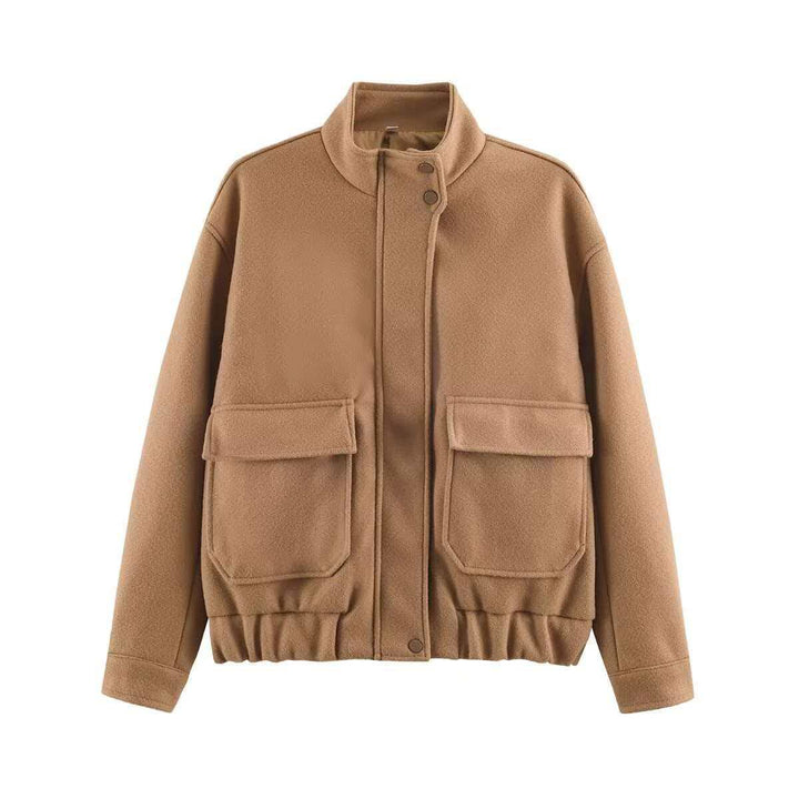 Dam kort jacka gjord ullblandning in utility look med ståkrage, flap fickor, och elastic fåll
