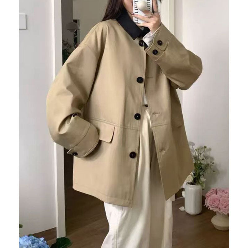 Dam kort Boxy trench stil jacka med kontrast krage och justerbar muddar