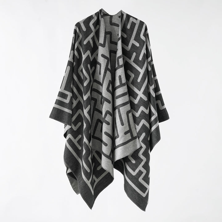 Dam Reversible Jacquard Ruana med Graphic mönster och Asymmetrical fåll