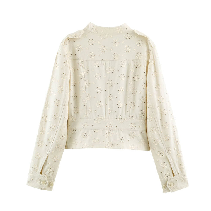Dam Kort Jacka Gjord av Lace Embroidery med Ståkrage, Utility Fickor, och Boxig Kort Silhuett