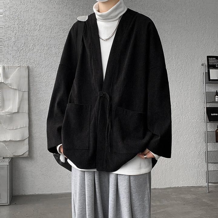 Herr oversize cord kimono cardigan med drawstring, utanpåfickor och drop ärmar