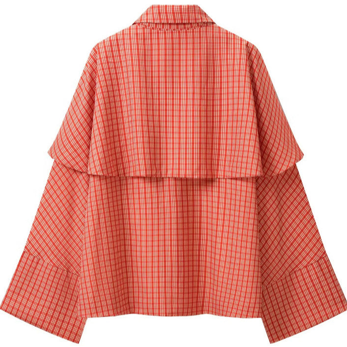 Dam Checked Kort Jacka med Cape Overlay, Bow Tie Stängning och Extra Wide Ärmar
