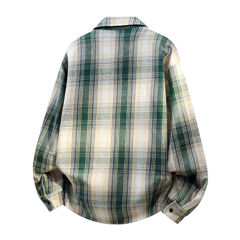 Herr Oversized Rutig Flannel Skjortjacka med Breast Ficka och Rundad Fåll
