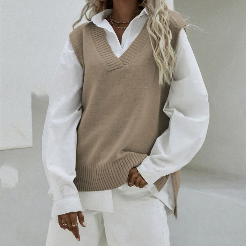 Dam Sleeveless stickad väst med V-Neck och Side Slits