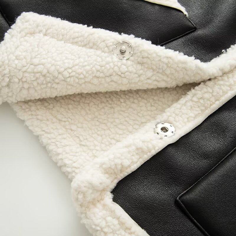 Dam Sleeveless Lambskin Imitation Väst med Slagkrage och Utanpåfickor