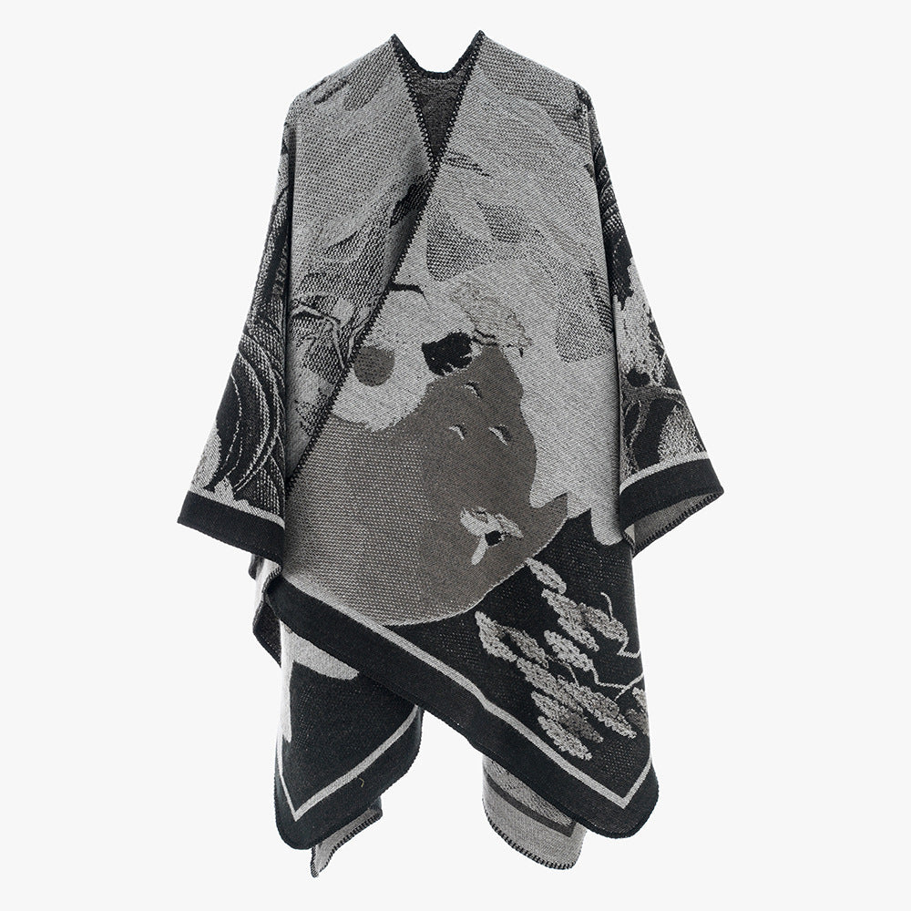 Dam jacquard cape med graphic floral motif och boxy oversized skärning