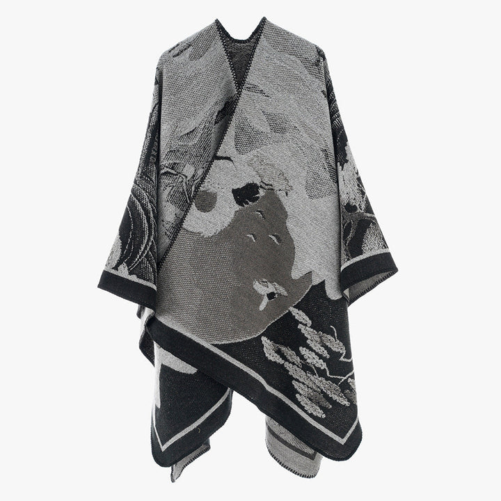 Dam jacquard cape med graphic floral motif och boxy oversized skärning