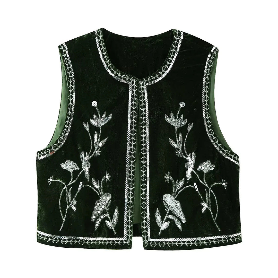 Dam embroidered velvet väst med sequin floral decoration, öppen front och decorative kant