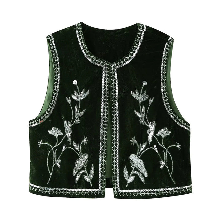 Dam embroidered velvet väst med sequin floral decoration, öppen front och decorative kant