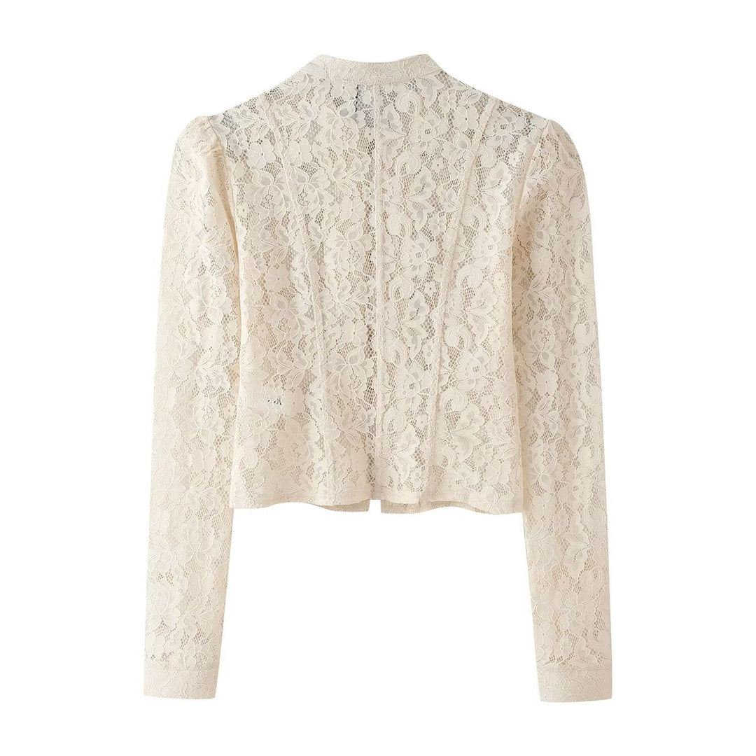 Dam Kort Lace Blazer med Stå Krage, Dekorativ Frog Closures och Puff Ärmar