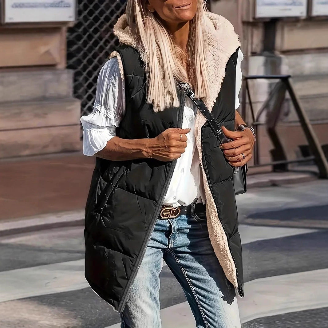 Dam vadderad Hooded väst med Teddy foder och sidofickor