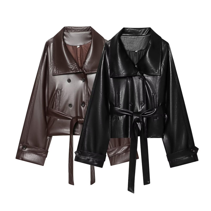 Dam Kort Skärning Faux Läder Trenchcoat med Oversize Lapels, Double-Breasted Knapp Knäppning och Tied Belt