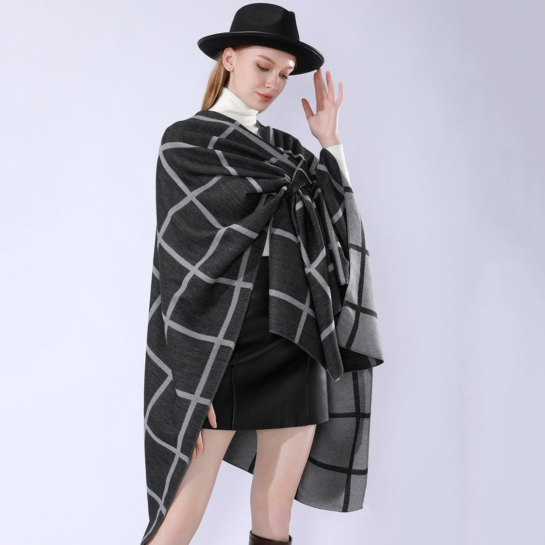 Dam Oversize ullblandning poncho med bälte och Check mönster