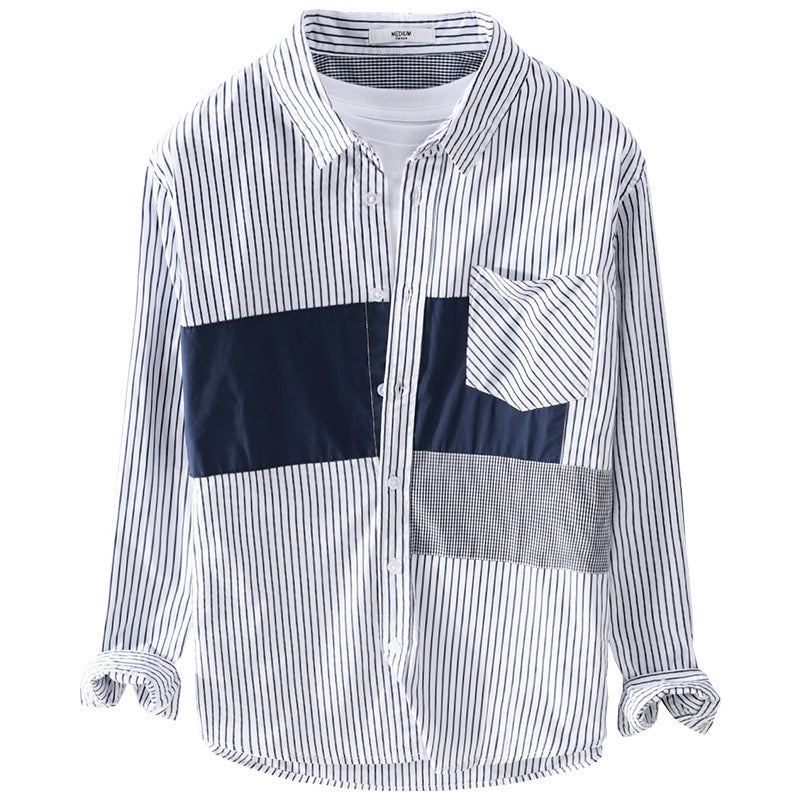 Herr Randig Overshirt med Färg Block Inlägg och Utanpå Bröstficka