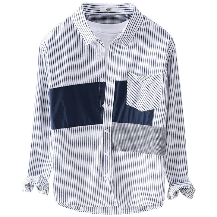 Herr Randig Overshirt med Färg Block Inlägg och Utanpå Bröstficka